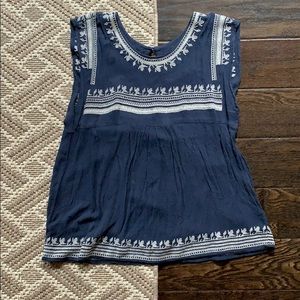 Navy and White Embroidered Top